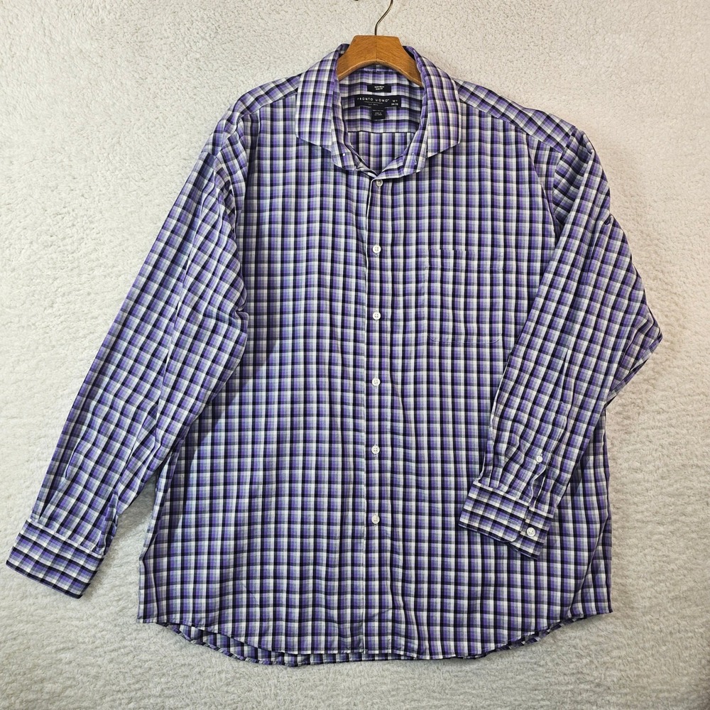 Pronto Uomo Mens Purple Plaid Non-Iron Slim Fit Dress Shirt 18.5 34/35 Cotton